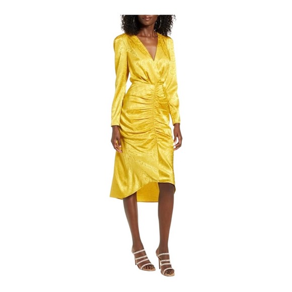 Wayf Dresses & Skirts - Wayf Yellow Satin Ruched Midi Dress